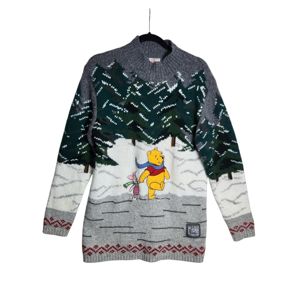 Vintage Disney Store Winnie the Pooh Piglet Winter Forest Sweater Gray Small